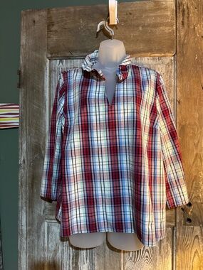crown & ivy Red White and Blue Plaid Ruffle Collar Blouse
